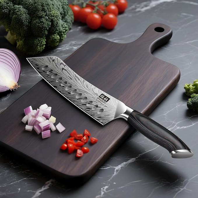 SHAN ZU 7 inch Chef Knife in Powder Steel, Ultra Sharp Japanese Santoku Knife, High Carbon Professional Kitchen Knives with Ergonomic Pakkawood Handle, Utility Knives for Meat and Vegetable