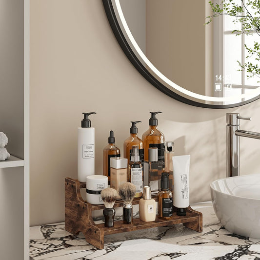 Wooden Display Riser Stand, Tiered Perfume and Cologne Organizer Stand, 3 Tier Spice Rack, Rustic Display Shelf for Candles, Kitchen Storage Holder for Spice Bottles, Jars, Seasonings