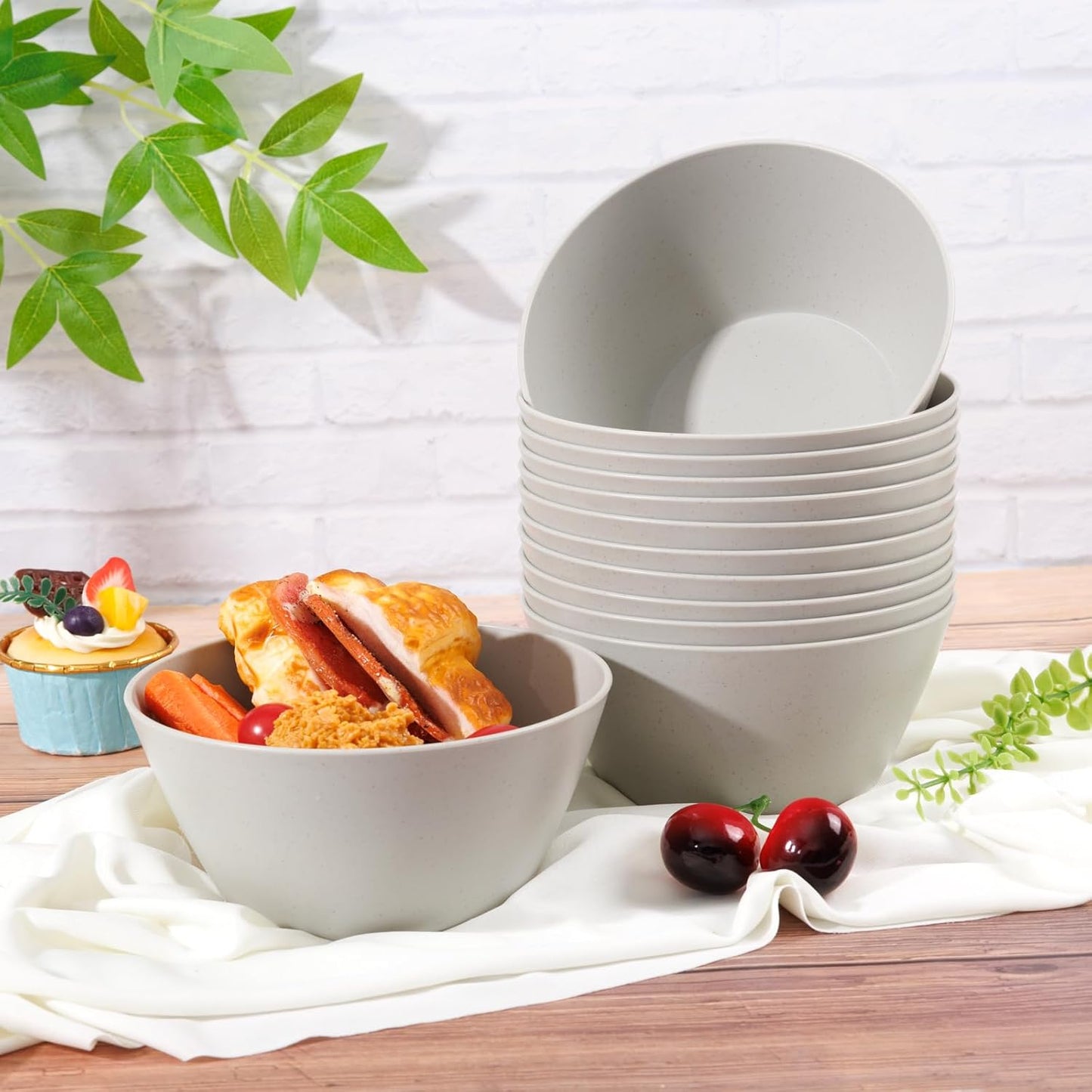 supernal 12PCS Light Grey Wheat Straw & Hard Plastic Bowls - Sturdy Reusable Soup Bowls for Hot Food,Unbreakable Bowl for Catering,Weddings,Holiday Meals (Disposable Lightweight Snack Bowl)