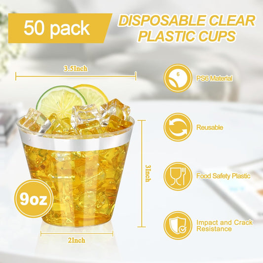 50 Pcs Silver Plastic Cups,9Oz Silver Rimmed Plastic Cups,Heavy Duty Clear Disposable Plasitc Cocktail Tumblers Wine Cup for Party,Wedding,Birthday,Christmas