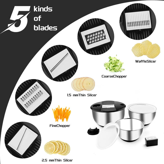 Mixing Bowls with Lids Set,Pack of 3 Stainless Steel Nesting Bowls with Grater Airtight Lids Non-Slip Bottoms for Slicing,Shredding,Grating,Mixing,Cooking,Baking(Black)