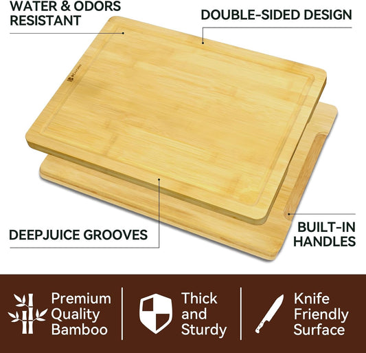 Bamboo Cutting Board for Kitchen 16x12 inch Extra Large with Deep Juice Groove Wooden Chopping Board with Side Handles Butcher Block Serving Tray for Meat Vegetables Charcuterie Cheese Platter