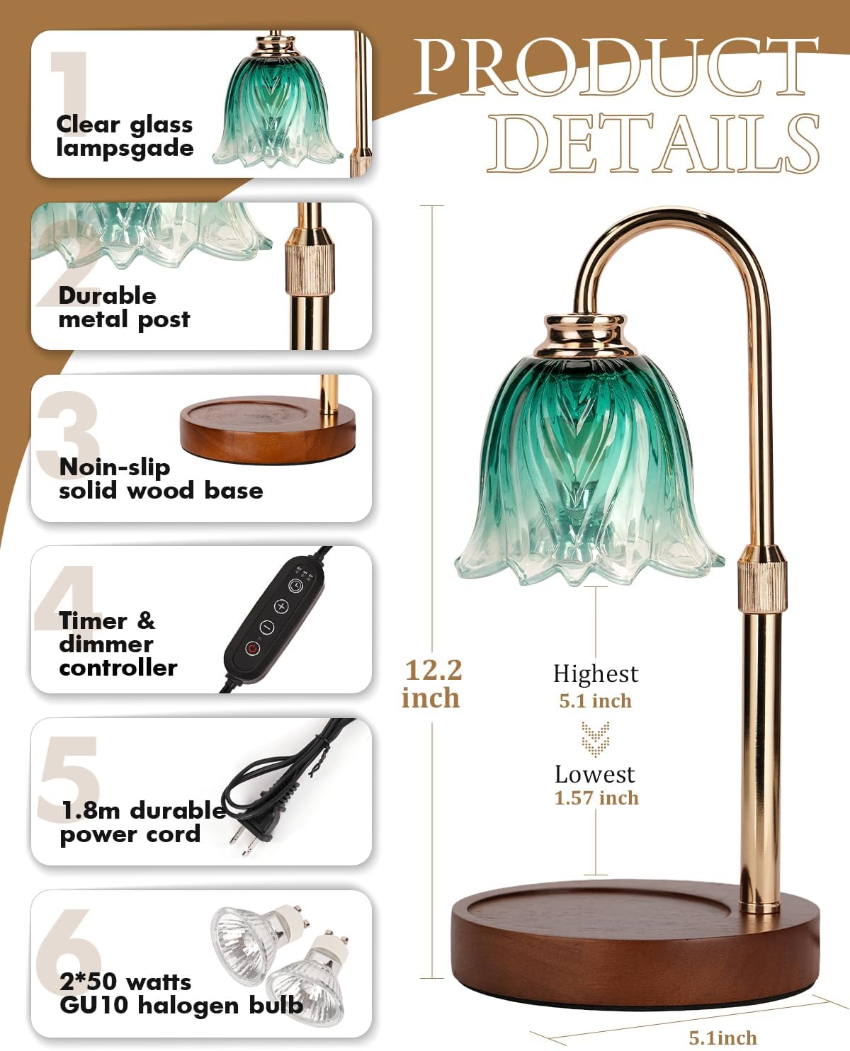 Candle Warmer Lamp, Gold Candle Lamp Warmer with Timer & Dimmer with 2 Bulbs, Birthday Gifts for Women Mom, Christmas Gifts, House Warming Gifts New Home Bedroom Decor, Height Adjustable