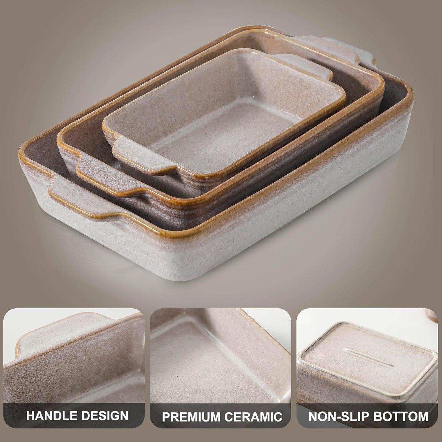 HVH 9x13 Baking Dish Set, Large Casserole Dishes for Oven, Ceramic Bakeware Set of 3, Rectangular Lasagne Pan Deep for Baking (Sand Color)