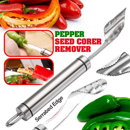 2023 New Pepper Seed Corer Remover with Cleaning Cloth, Jalapeno Pepper Corer Tool Chili Deseeder, 304 Stainless Steel Fruit Seed Remover with Serrated Teeth, Suitable for Kitchen Grill Use (1pcs)