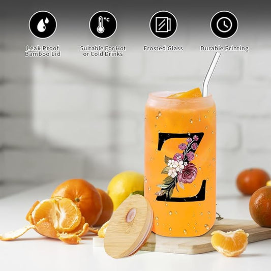 Monogrammed Glass Drinking Cup With Lid Straw Women Men Teacher Gifts Female Male Preschool Kindergarten Pre K Prek Middle High School First Year 1st 2nd 3rd 4th 5th Grade,Z