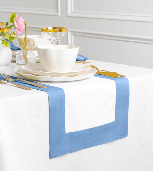 Solino Home Linen Table Runner 36 Inches - 100% Pure Linen Cornflower Blue and White Short Table Runner 14 x 36 Inch Ideal for Dresser and Coffee Tables - Contempo