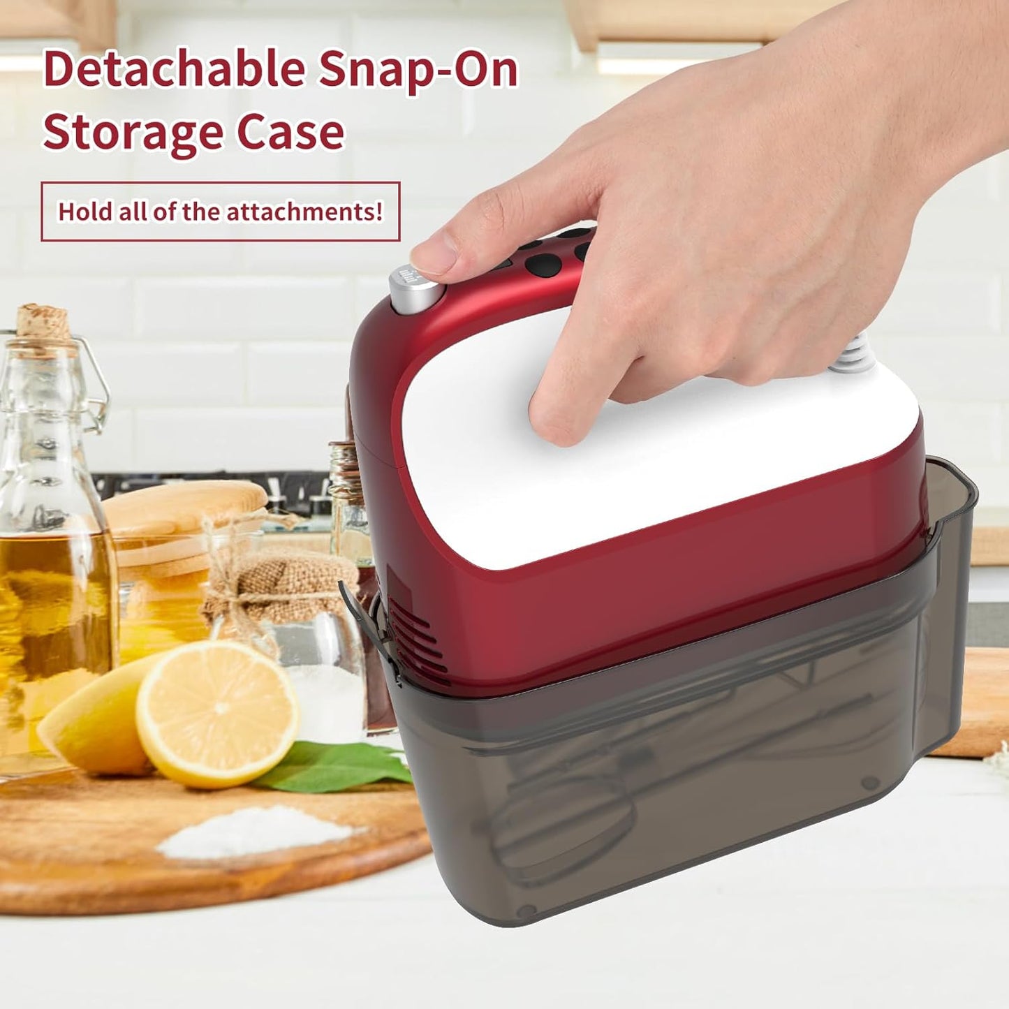 9-Speed Digital Hand Mixer Electric, 400W Powerful DC Motor, Baking Mixer Handheld with Snap-On Storage Case, 5 Stainless Steel Accessories, Flat Beaters, Dough Hooks, Whisk (Red&White)