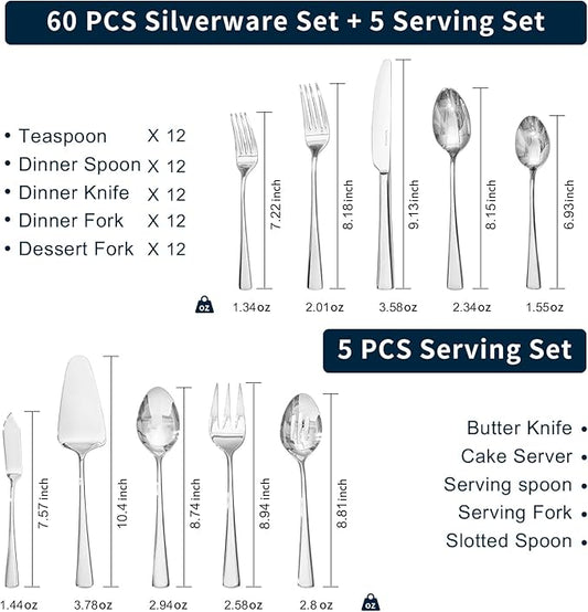 KINGSTONE Silverware Set for 12, 65-Piece Forged 18/10 Stainless Steel Flatware Set, Mirror Finish Cutlery Set Dishwasher Safe for Home, Restaurant, Wedding, Party