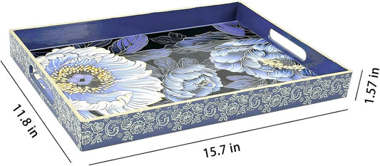 Serving Tray with Handles, 15.7 * 11.8 inches, Plastic Ottoman Tray with Exquisite Paintings, Trays for Coffee Table