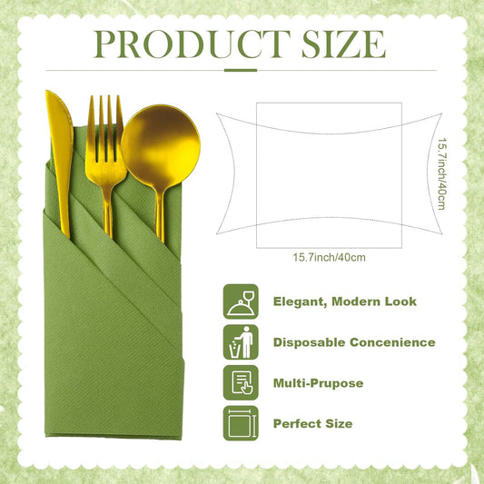 Qilery 50 Pcs Paper Linen Napkins Disposable Airlaid Paper Prefolded Dinner Napkins with Built in Flatware Pocket for Silverware Valentine Wedding Party Christmas Day (Green)
