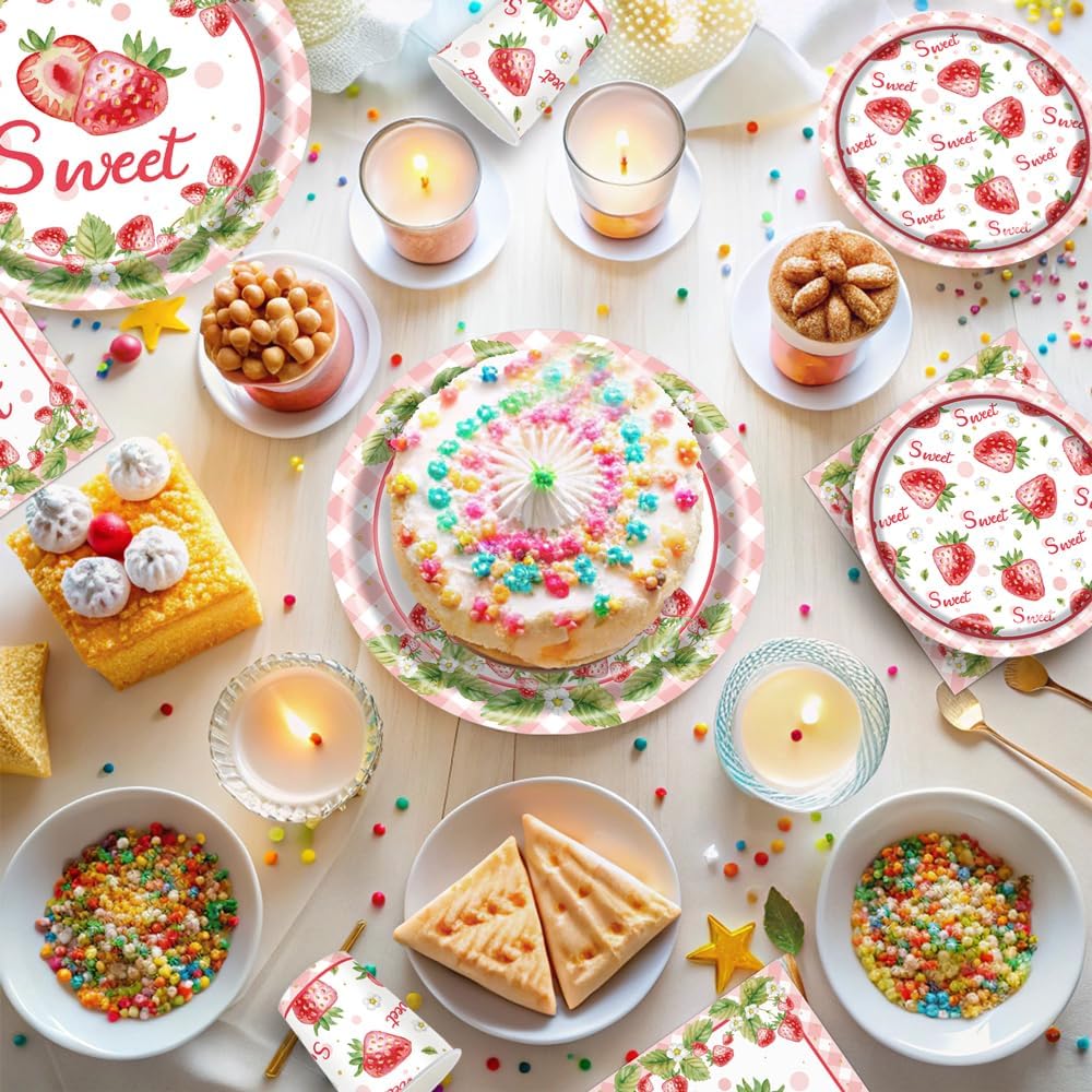140 Pcs Strawberry Birthday Decorations Berry First Birthday Decorations Strawberry Themed Plates Cups and Napkins Sets Serves 20