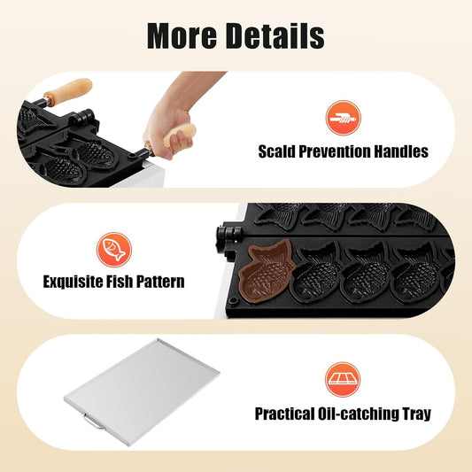2400W 110V Fish-shaped Waffle Maker, Electric Waffle Maker with Non Stick Cooking Plate, Commercial Nonstick Taiyaki Fish-Shaped Mold Baker