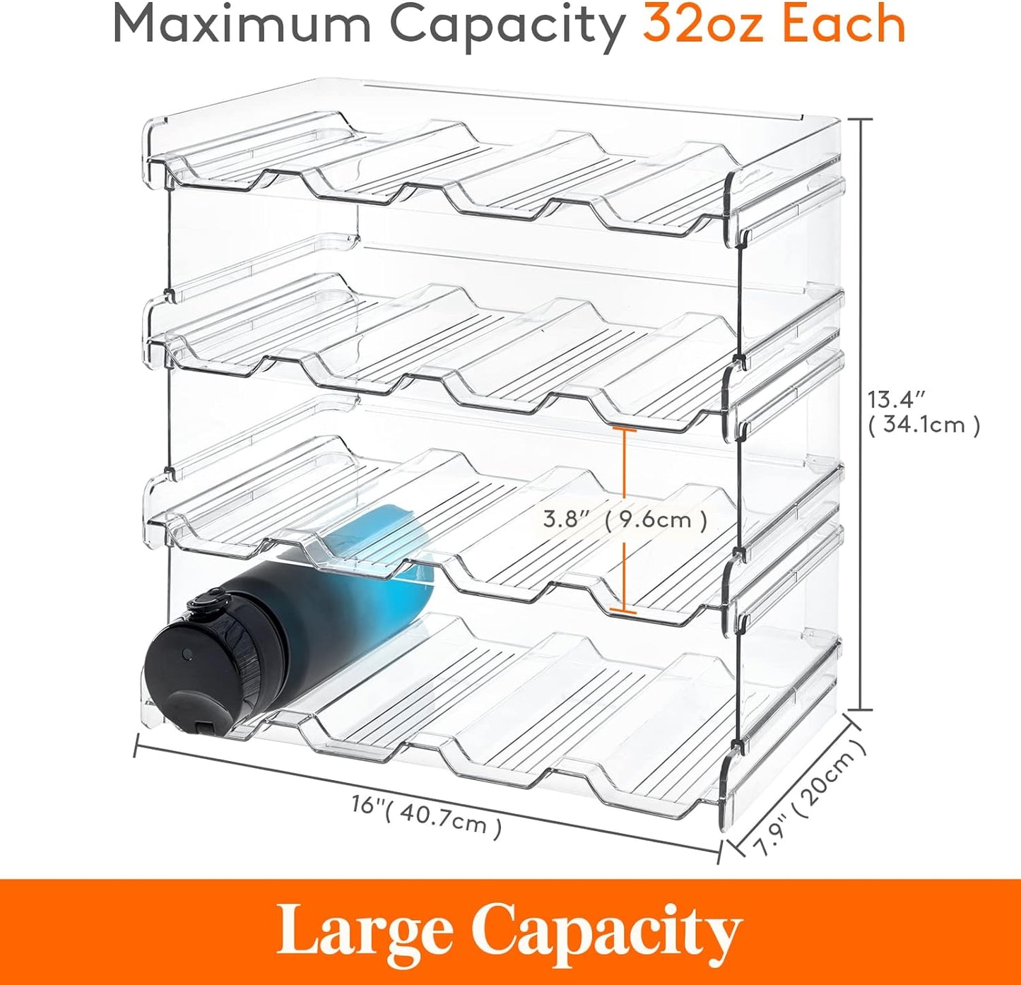Lifewit Stackable Water Bottle Organizer for Cabinet, Plastic Bottle Holder Fits Bottles & Tumblers up to 3.8" Diameter, Pantry, Countertop & Fridge, 4 Tier Holds 16 Bottles
