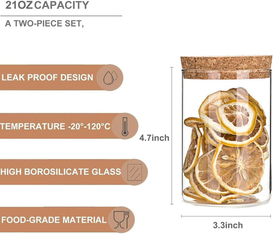 Airtight Glass Storage Containers with cork Lid, for Kitchen Pantry Organization and Storage jar,Ideal for Coffee Beans Snacks Flour Cereal Sugar Tea 21oz. (Circular 4.7 * 3.3in*2pcs)