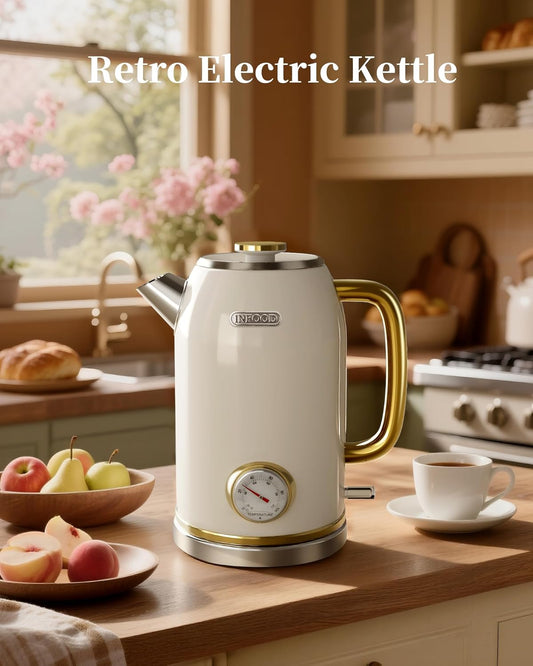 Retro Electric Kettle 1.8L/60.8oz with Thermometer - 1200W Fast Boiling Stainless Steel Tea Kettle with Water Level, BPA-Free, Auto Shut-Off, Boil-Dry Protection, Pearl White