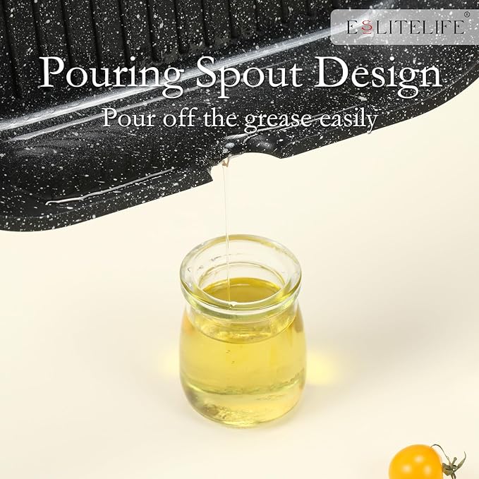 ESLITE LIFE 9.5 Inch Nonstick Grill Pan with Lid for Indoor Cooking, Versatile Induction Square Large Grilling Skillet Steak Pan for Stove Tops, PTFE & PFOA Free, Black