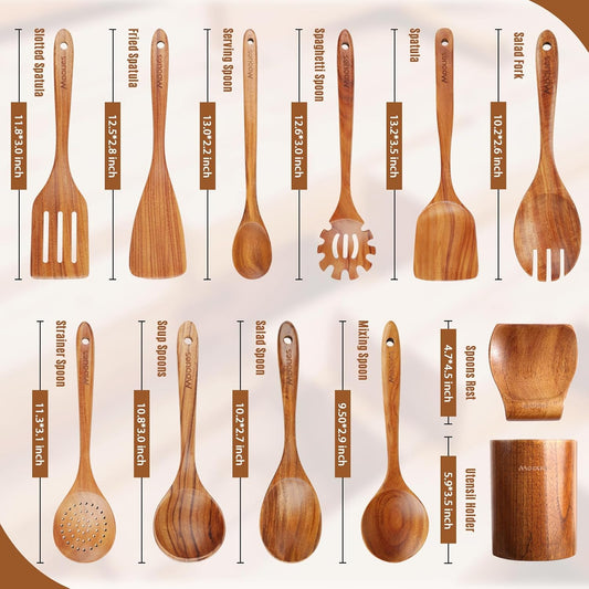 12 Piece Wooden Spoons for Cooking, Wooden Utensils for Cooking with Utensils Holder, Natural Teak Wooden Kitchen Utensils Set with Wooden Spoon Rest, Comfort Grip