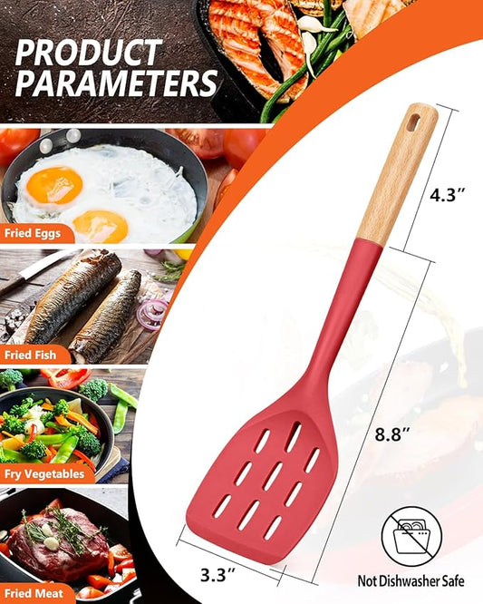 Pack of 2 Silicone Spatula, Non Stick Cooking Utensil Set Wooden Handle Kitchen Turner for Baking Mixing Grilling Serving Food Heat Resistant Non Scratch Hooks Included (Red)