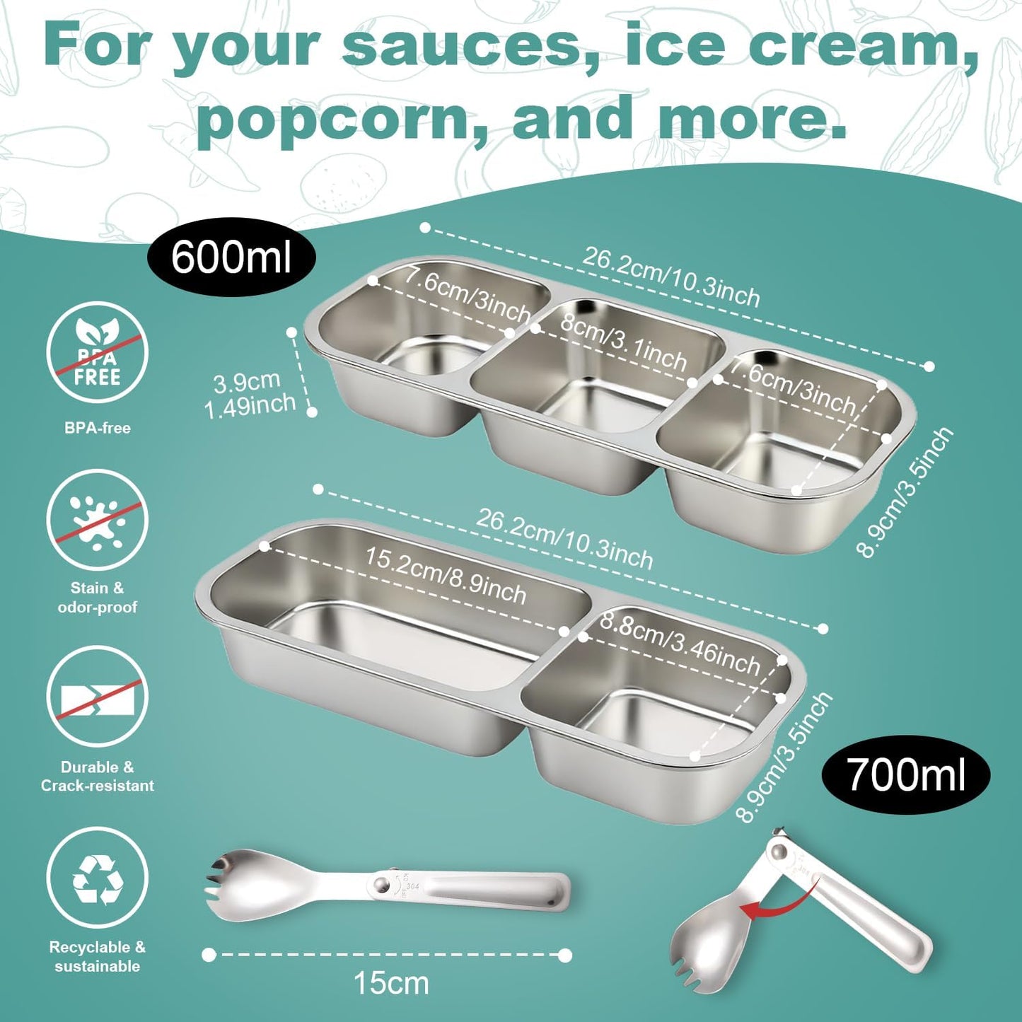 Food Storage Containers with Airtight Lid, Stainless Steel Snack Containers, Leak Proof Metal Lunchbox with Compartment and Spoon, Lunch Box Bento Box Adult for Office, Travel, Meal Prep