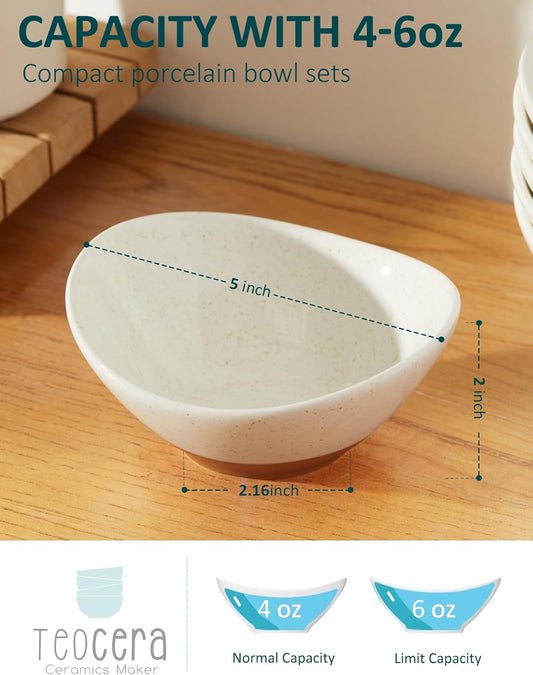 Teocera 5 Inch Porcelain Small Bowls Set, 6 Ounce small serving bowls for Dessert, Ice Cream, Snack, Dipping, Side Dishes, Microwave & Dishwasher Safe- Beige