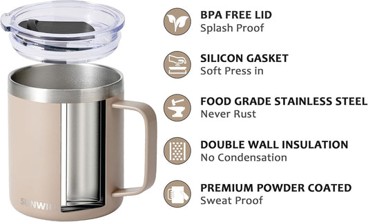 SUNWILL Travel Coffee Mug with Lid, Insulated Tumbler with Handle, 14oz Stainless Steel Cup for Camping, Office, Home, Powder Coated Taupe
