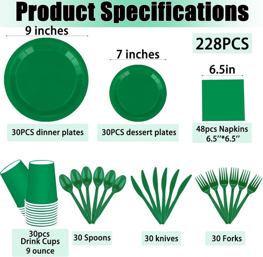 TWOWYHI 228PCS Green Party Supplies Set Include Paper Plates Cups Paper Napkins Plastic Spoons Forks Knives for 30 Guests Disposable Party Dinnerware for Birthday Wedding Family Picnic