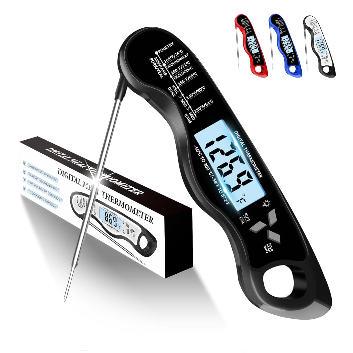 Meat Thermometer, IP67 Waterproof Digital Meat Thermometer with Backlight, Hold Function & Magnet for Grill, BBQ, Candy, Beef,Turkey,Gadgets Essentials BBQ Accessories,Mens Stocking Stuffers