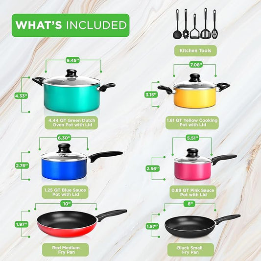 NutriChef 15-Piece Non Stick Kitchen Cookware Set PFOA/PFOS-Free, Colorful Heat Resistant Lacquer w/Saucepot, Frying Pans, Oven Pot, Lids, 5 Utensil - NCCWCOR15
