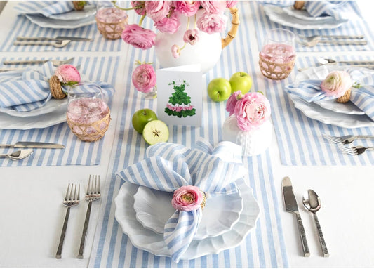 Solino Home Linen Table Runner 144 Inches Long - Amalfi Stripe, 100% Pure Linen Sky Blue and White Farmhouse Table Runner 14 x 144 Inch for Dining, Christmas