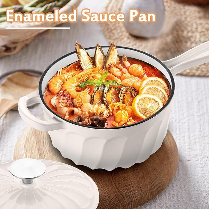 Enameled Cast Iron Sauce Pan, 2 Quart Enameled Saucepan with Lid, Mini Dutch Oven Enamel Saucepan for Cooking Pasta Sauce, Gravy, Puddings, Marinate, Boiling (White)
