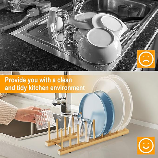 Bamboo Dish Drying Rack for Kitchen Organizer-Sturdy Plate Rack Organizer with Natural Bamboo, Dish Rack Holds Plates, Cups & Cutting Boards-Dish Drying Rack for Countertop & Cabinets(2 Pack)