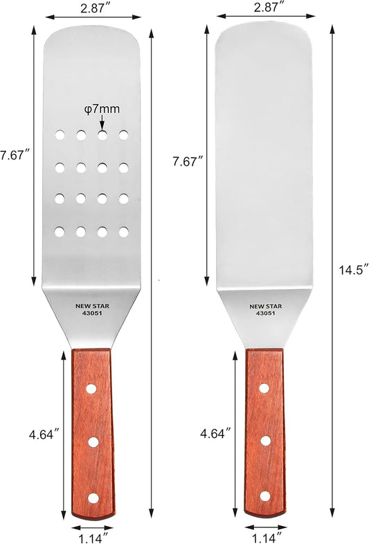 New Star Foodservice 43051 Wood Handle Flexible Grill Spatula Set, 14.5", Set of 2, Silver