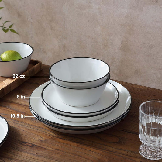 Famiware Saturn Dinnerware Sets, Plates and Bowls Sets for 4, 12 Pieces Stoneware Dish Set - Chip and Scratch Resistant, Microwave and Dishwasher Safe Tableware Set, White with Rim