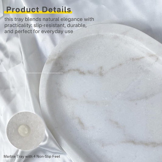 Natural Marble Tray, Stone Vanity Tray for Bathroom & Kitchen Countertop - Organizer for Perfume, Jewelry, Cosmetics 12x6 Inch,White