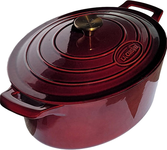 La Cuisine Enameled Cast Iron Oval Dutch Oven Casserole Dish Pot with Lid 5 QT Internal Matte Black Enamel Coating, Cranberry, Gold-Plated Stainless Steel Lid Handle, Oven Safe