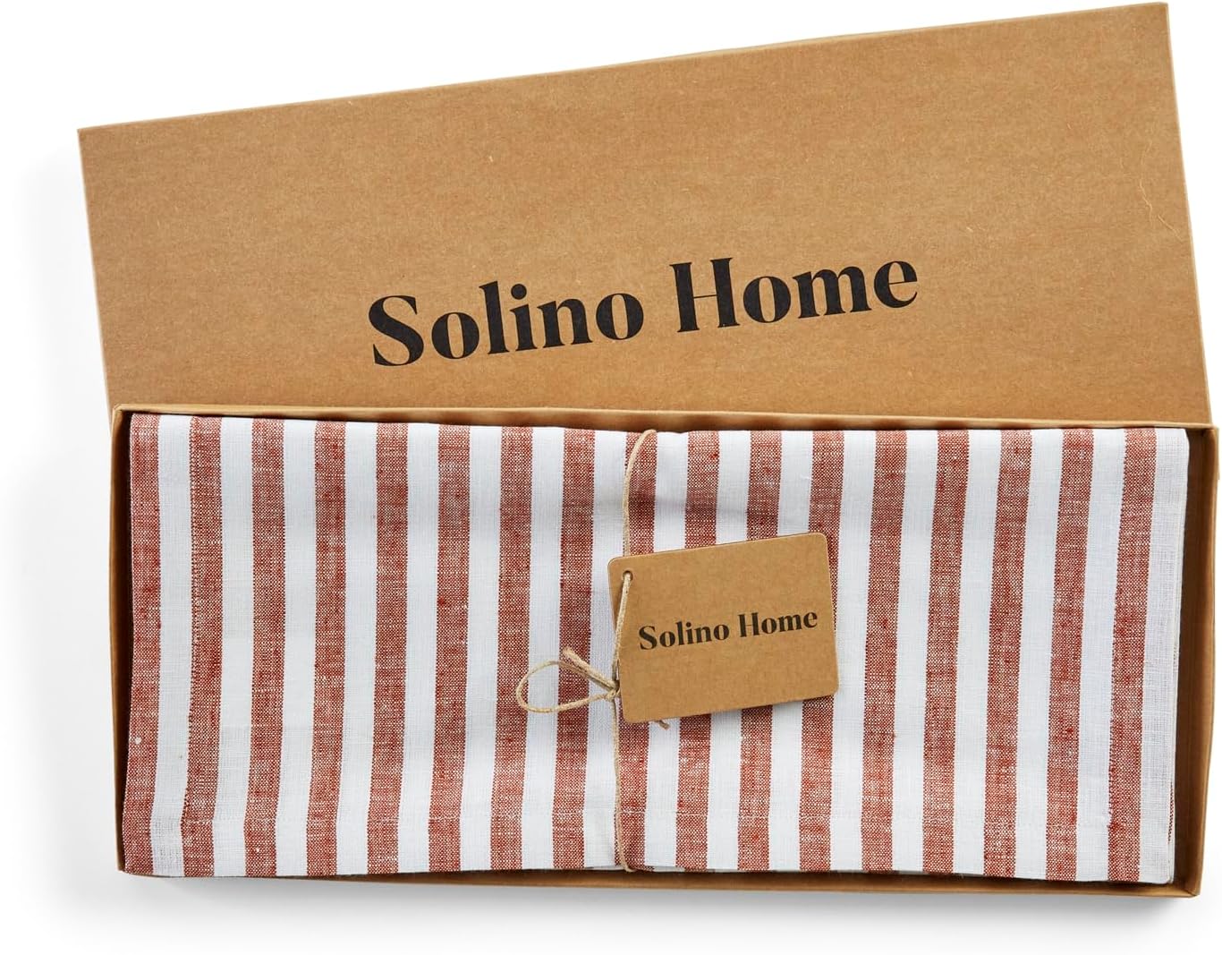 Solino Home Linen Table Runner 60 Inches - Amalfi Stripe 100% Pure Linen Cinnamon and White Farmhouse Table Runner 14 x 60 Inch Ideal for Dresser and Coffee Tables - Fall, Halloween, Thanksgiving