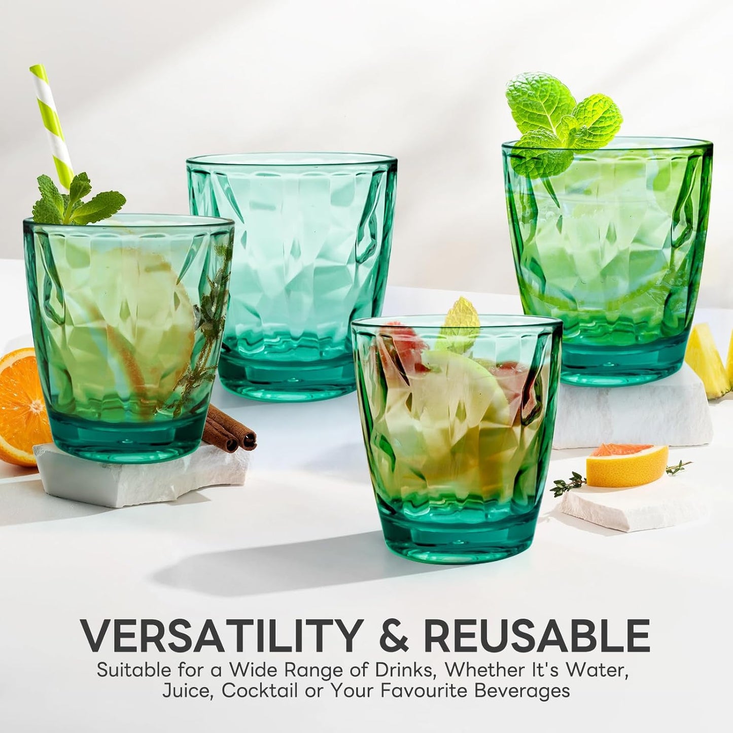 Topsky 10 oz Plastic Water Tumblers | Set of 4 Transparent Unbreakable Drinking Glasses Clear Acrylic Reusable Juice Wine Cups for Home Picnic Party, Dishwasher Safe, Stackable (Light Green)
