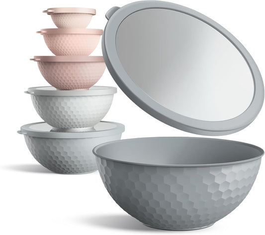 COOK WITH COLOR Mixing Bowls with Lids - 12 Piece Plastic Nesting Bowls Set includes 6 Prep Bowls and 6 Lids, Non Slip Bottom and Embossed Design - Microwave Safe (Pink)