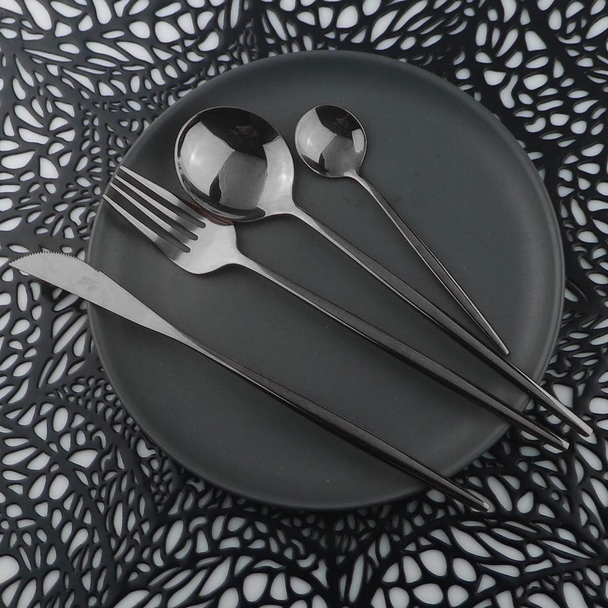 Mirror Polished Black Silverware Set, 24-Piece 304 Stainless Steel Satin Finish Flatware, Kitchen Utensil Tableware Cutlery for Home and Restaurant, Dishwasher Safe Service for 6