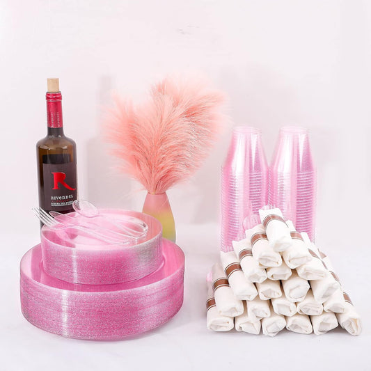 DaYammi 350PCS Rose Gold Glitter Dinnerware Set 50 Guest for Party- 50 Pink Plastic Dinner Plates, 50 Dessert Plates- 50 Per Rolled Napkins with Rose Gold Glitter Cutlery - 50 Cups 9 OZ