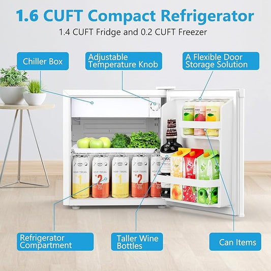 1.6 Cu.ft Mini Fridge with Freezer, Compact Single Reversible Door Refrigerator, Adjustable Thermostat, Ultra Quiet, Energy Efficient for Office, Dorm, Bedroom, Apartment -White