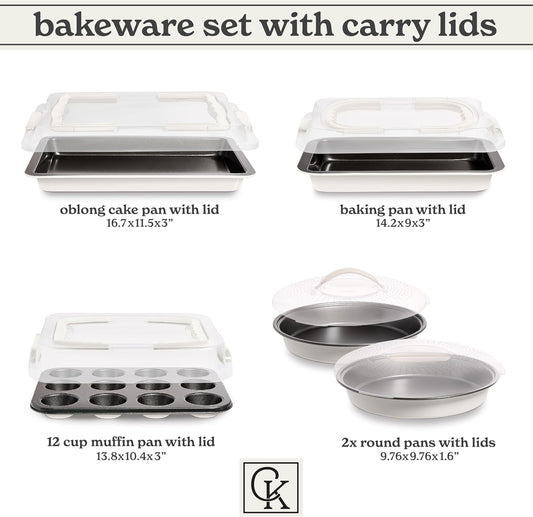 Country Kitchen Baking Pans Set - 10 Piece Non-Stick Cake Pans with Carry Lids for Easy Storage & Travel, Perfect for Parties - Stackable, Cream