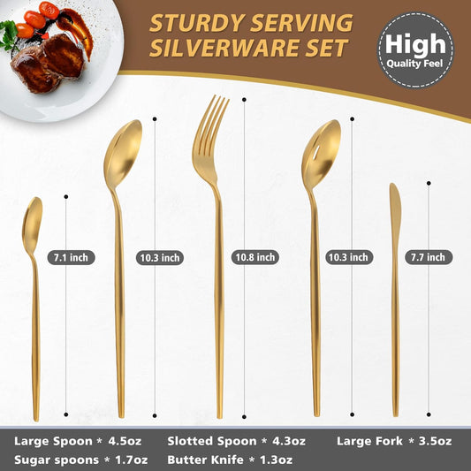 Matte Gold Serving Set,Oliviola 5-Piece Stainless Steel Large Hostess Set with Round Edge, Satin Finished, Dishwasher Safe -Large Spoon, Large Fork,Butter Knife,Sugar Spoon & Slotted Spoon