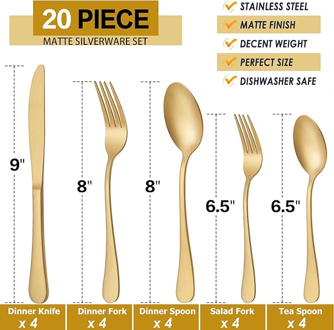 LIANYU 20 Piece Matte Gold Silverware Set, Stainless Steel Gold Flatware Cutlery Set for 4, Fancy Kitchen Utensil Tableware for Home Restaurant Party, Satin Finish, Dishwasher Safe