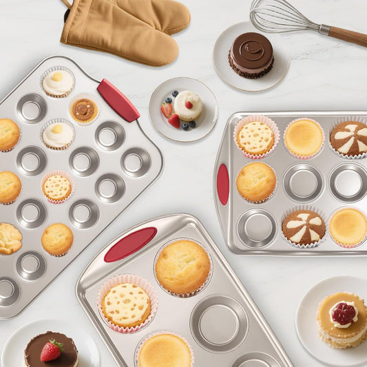 Mini Muffin Pan, 24 Tin Cupcake Pan, Nonstick Small Muffin Tray with Silicone Grip Handles, Durable Mini Cheesecake Cup Cake Pans for Baking, 2-PACK,Gold