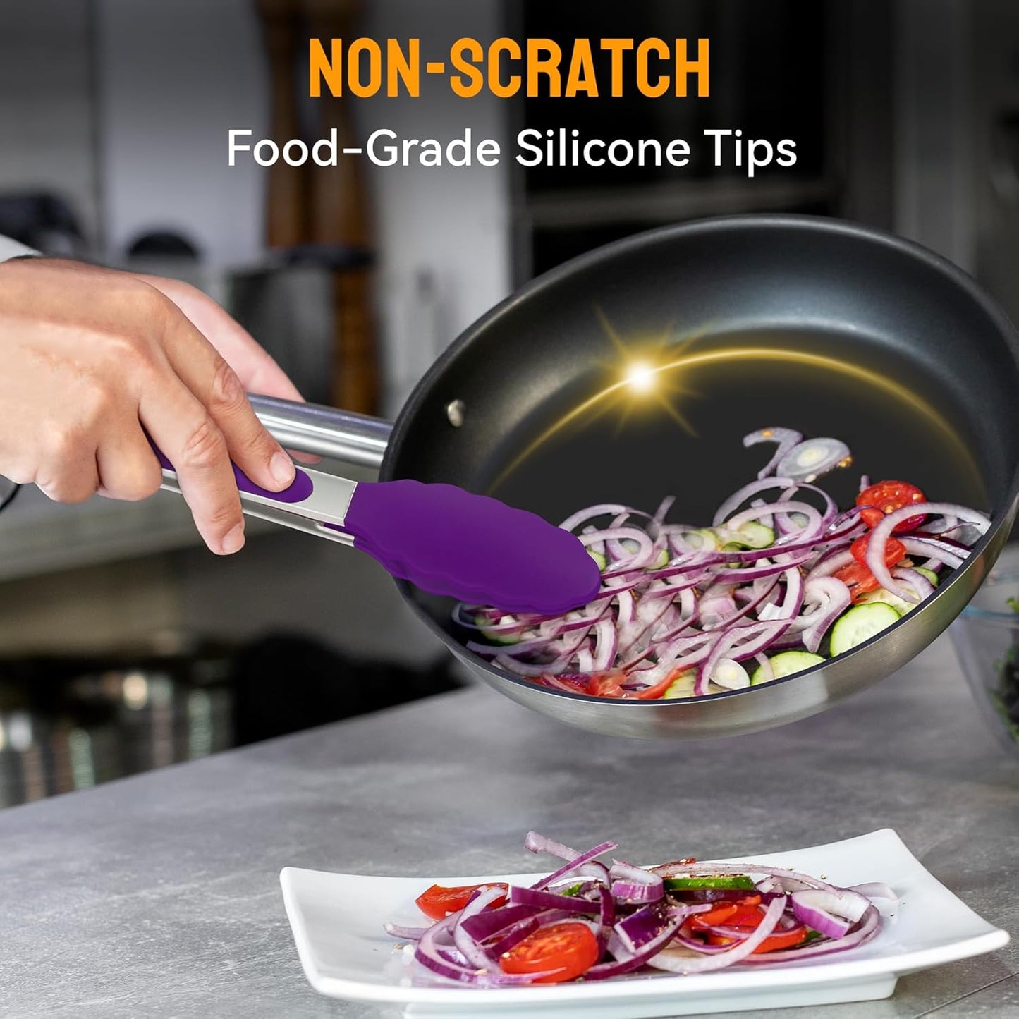 HOTEC Premium Stainless Steel Locking Kitchen Tongs with Silicon Tips, Set of 2-9" and 12" (Purple)