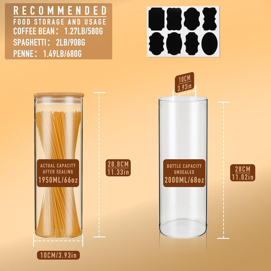 70oz Straight cylindrical Airtight Storage Jars with Bamboo Lid Set of 3 Storage Container Glass Jars, Kitchen Canister for Noodles, Pasta and Coffee beans (with Black Lable)
