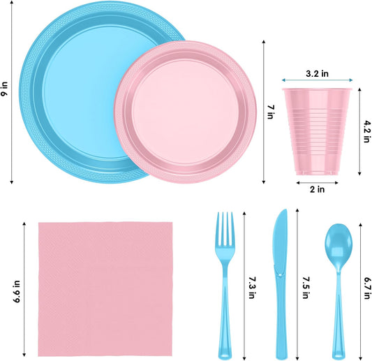 Party Solids 350 Pieces Gender Reveal Plastic Plates For Party, Gender Reveal Disposable Plates Set, 50 Of Each 9" Dinner Plate Set, 7" Dessert Plate, Cups, Napkins & Cutlery Plastic Dinnerware