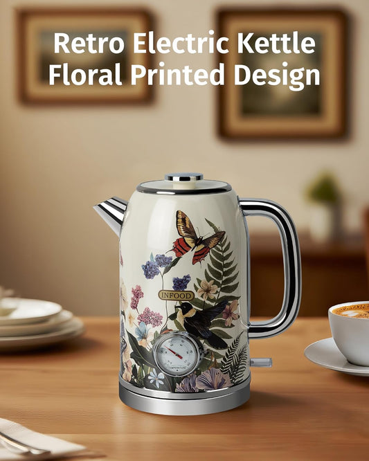 Retro Electric Kettle 1.8L/60.8oz with Thermometer - 1200W Fast Boiling Stainless Steel Tea Kettle with Water Level, BPA-Free, Auto Shut-Off, Boil-Dry Protection, Vintage Floral Design